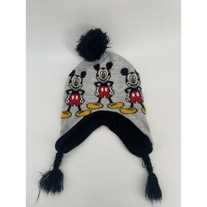Disney Mickey Mouse Gray Black Pom Beanie Hat One Size Character Theme